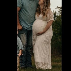 Pink Blush Lace Mesh Overlay Maternity Maxi Dress